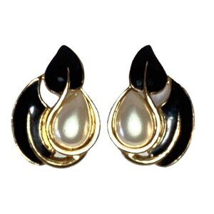 Trifari TM Gold Tone Clip On Earrings with Black Enamel Leaves Faux Pearl Vtg